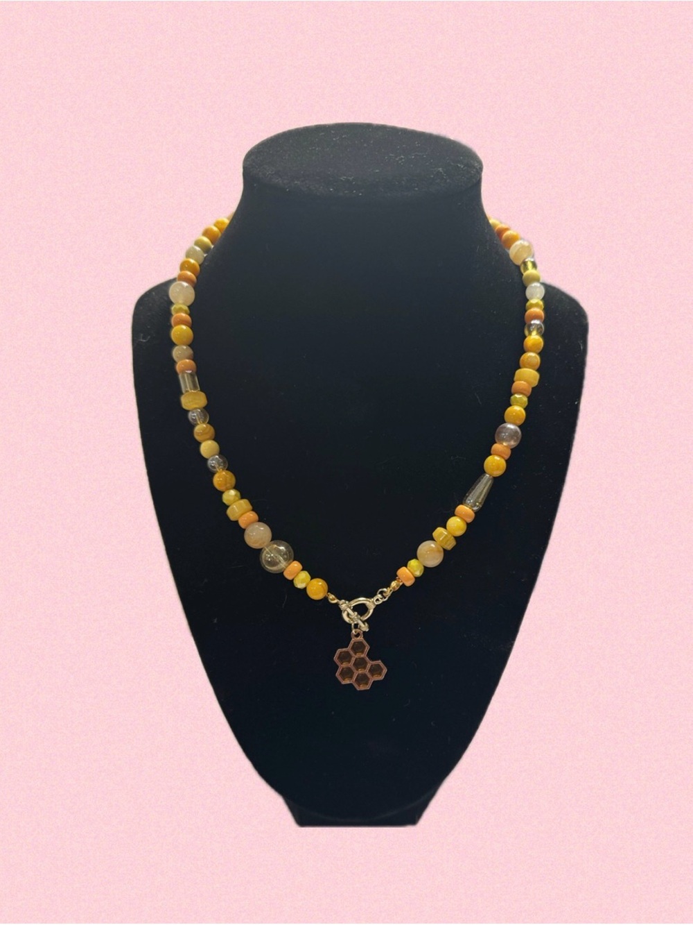Handcrafted Yellow Bead Necklace with Honeycomb Charm
